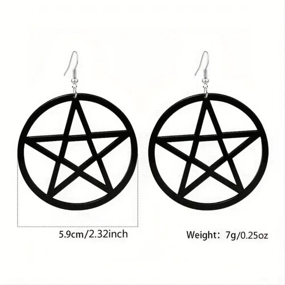 Earrings Large Black Pentagram Circular Dangle Exaggerated Pagan Wicca Astrology - Picture 4 of 4